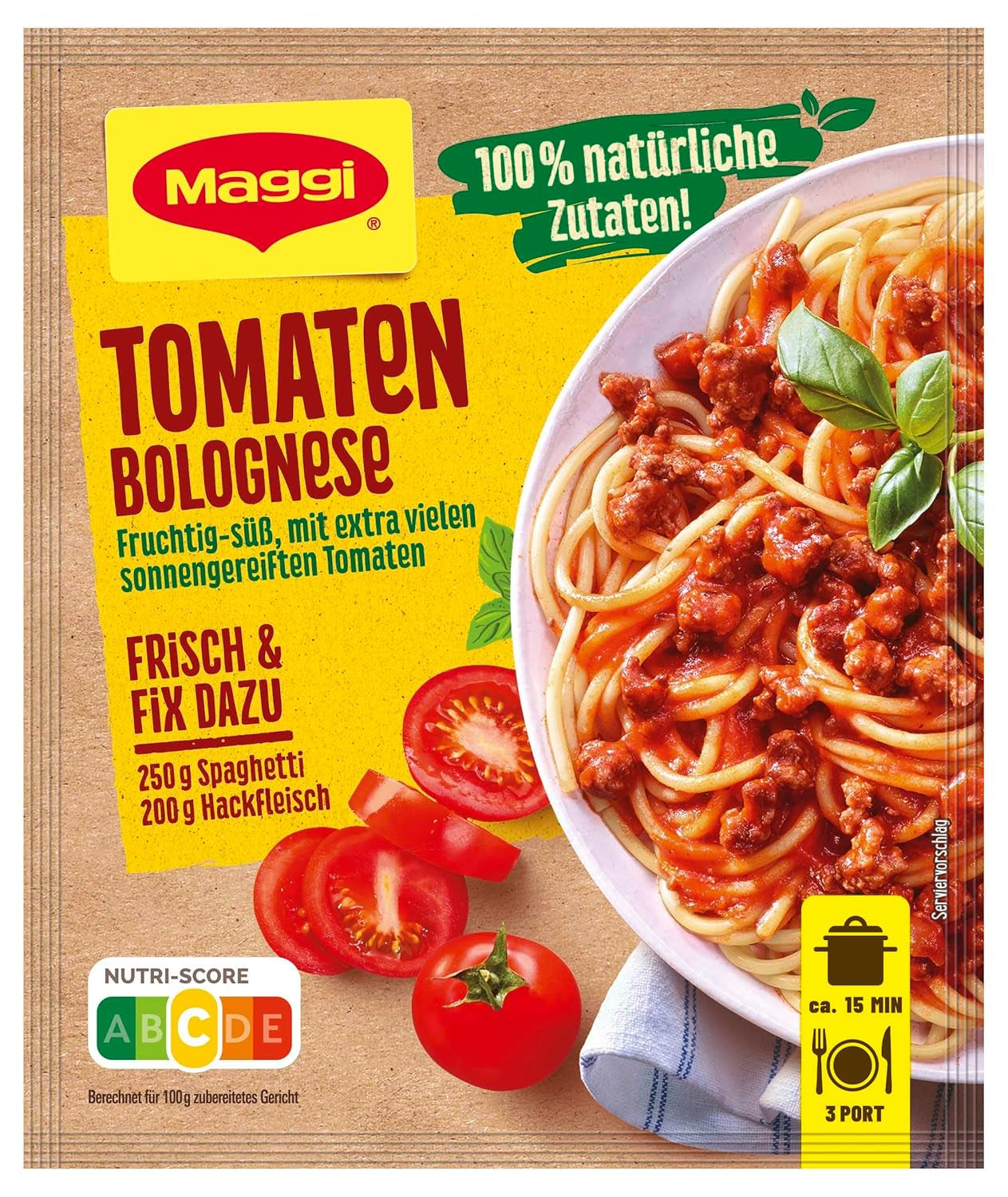 MAGGI Fix für Spaghetti Bolognese, Würzmischung, 100% natürliche Zutaten, für 3 Portionen, 1er Pack (1 x 36g Packung)