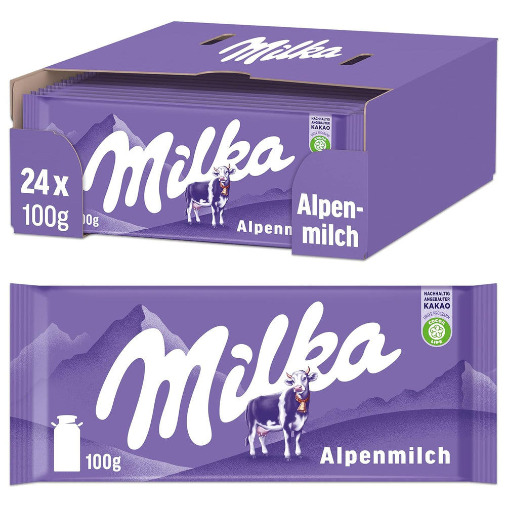 Milka Cow Spots – Ciocolată cu lapte alpină cu ciocolată albă în design cu pete de vacă – 24 x 90g