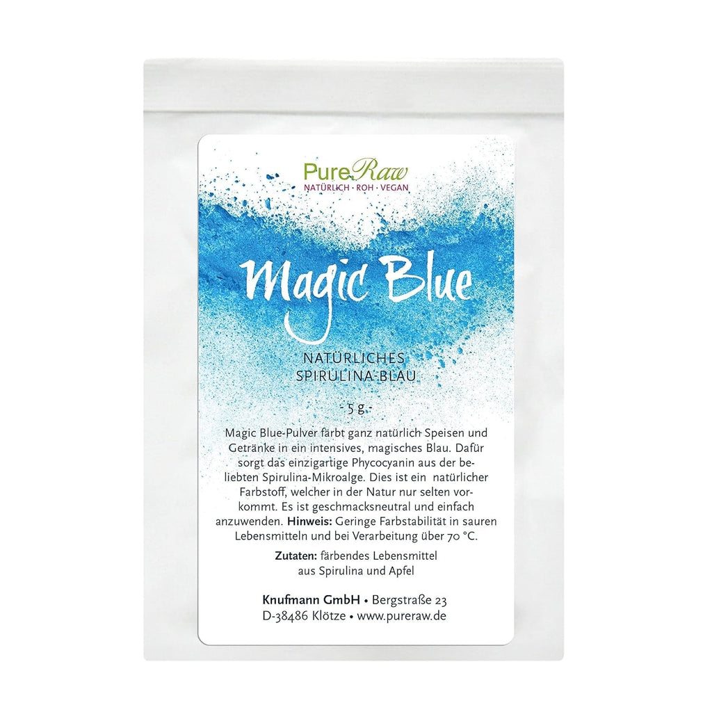 Colorant alimentar natural albastru pudră Magic Blue Spirulina (vegan crud) Albastru închis până la albastru deschis pastel - Colorant alimentar pudră cu alge ficocianină - Colorant alimentar natural | Pureraw 5G