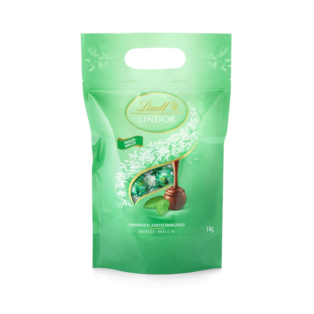 Bile de ciocolată albă LINDOR, 1 kg și LINDOR | pungă resigilabilă de 1 kg | aprox. 80 de bile de ciocolată cu lapte și mentă cu umplutură | Pachet vrac, cadou pralină, cadou ciocolată