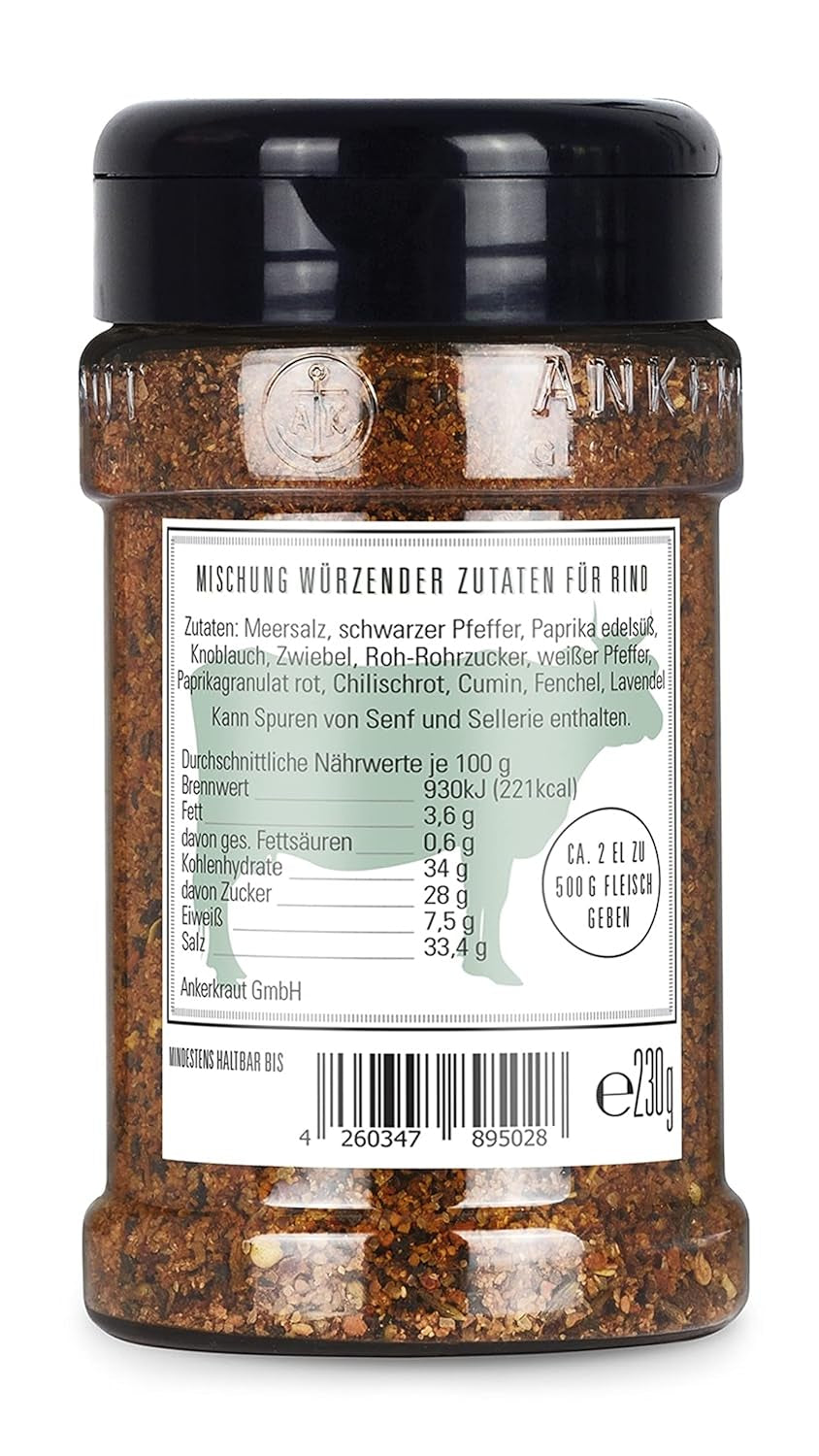 Ankerkraut Für Rind, Gewürz für Fleisch zum Würzen mit Aroma & Geschmack, lecker Kochen zu Hause, Steak Spareribs Brisket Braten würzen in Premium Qualität, 230g im Streuer