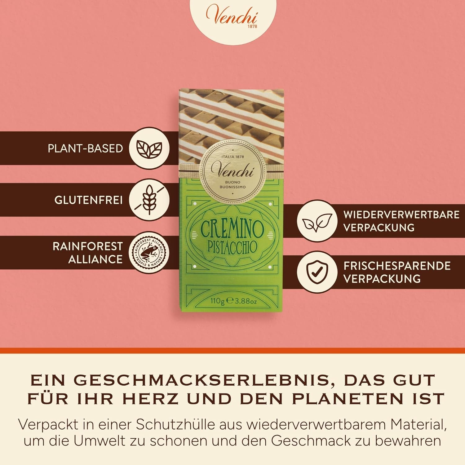 Venchi - Cremino Pistachio Bar, 110g, baton de ciocolată din ciocolată cu lapte și albă cu pastă de fistic, rețetă în trei straturi cu arome mediteraneene, fără gluten, fără coloranți artificiali