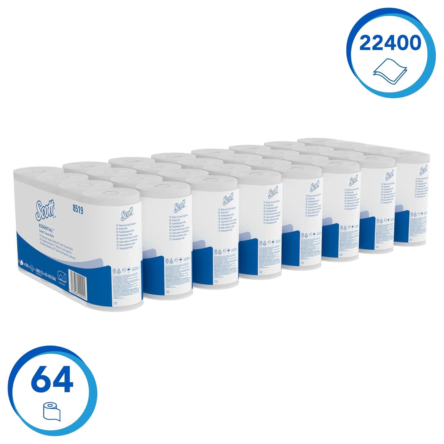 Hârtie igienică Scott® Essentialtm 8519, hârtie igienică albă cu 2 straturi, certificată Fsc și fabricată din fibre reciclate, 64 role de hârtie igienică X 350 coli (22.400 coli în total)