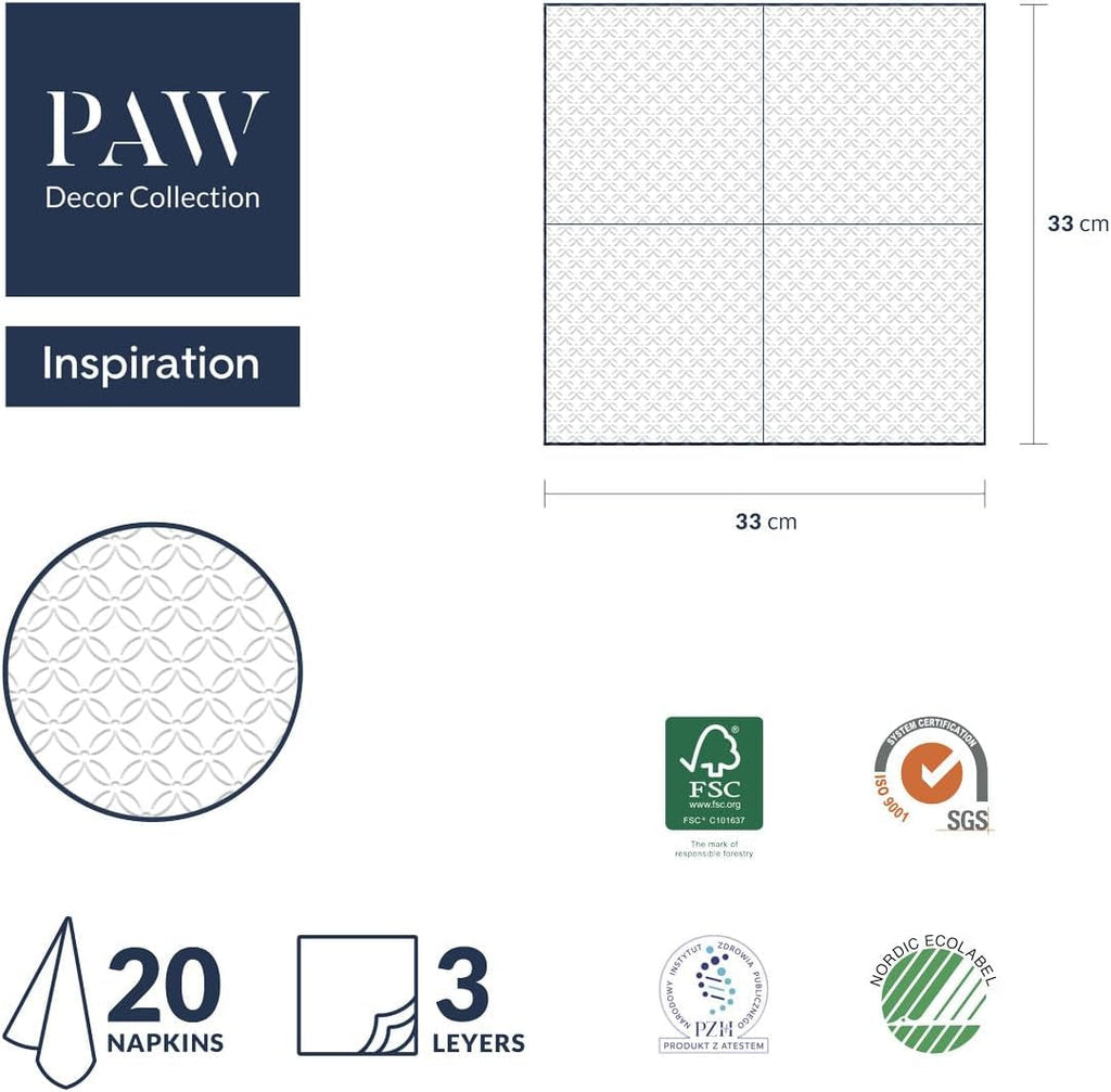 PAW - Șervețele gofrate 3 straturi (33 X 33 Cm) I 20 bucăți I Perfect pentru zile de naștere, petreceri, nunți, comuniuni, sărbători I Decorațiuni de masă Șervețele din hârtie texturată I Inspirație modernă (Hortensia)