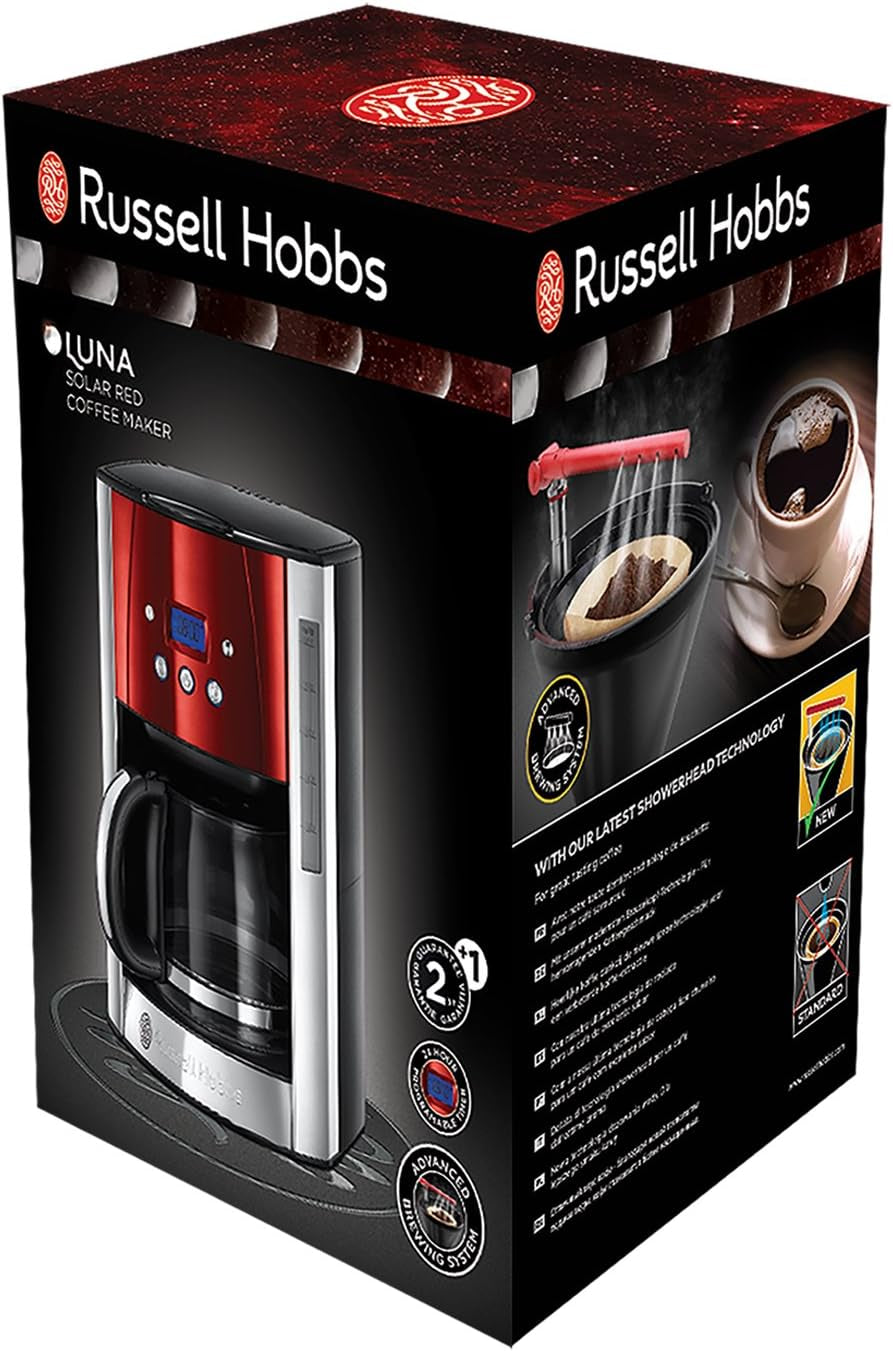 Cafetieră Russell Hobbs [Temporizator digital, Cap de duș pentru extracție și aromă optime] Luna Red (1 până la 12 cești, Carafă din sticlă de 1,5 l, Placă de încălzire, 1000 W) Cafetieră cu filtru 23240-56