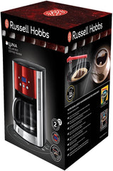 Cafetieră Russell Hobbs [Temporizator digital, Cap de duș pentru extracție și aromă optime] Luna Red (1 până la 12 cești, Carafă din sticlă de 1,5 l, Placă de încălzire, 1000 W) Cafetieră cu filtru 23240-56