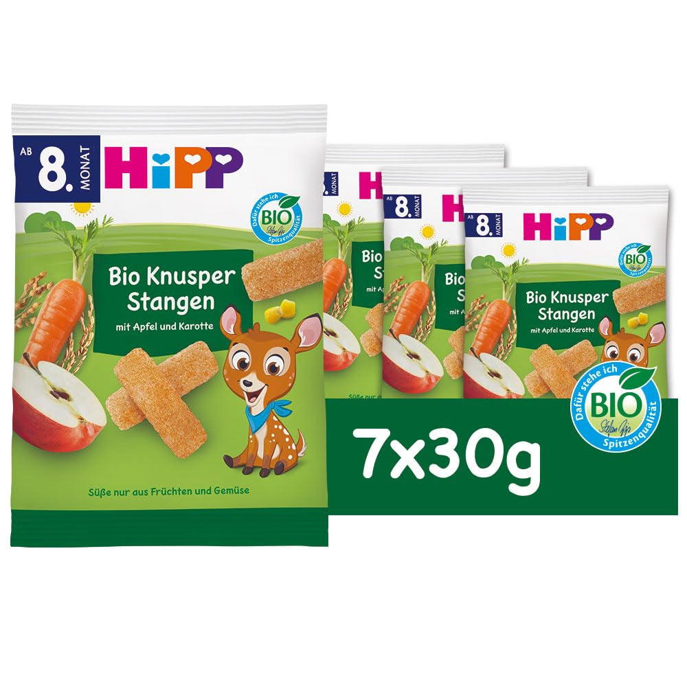 HiPP Bio Knusper Stangen Apfel Karotte (7 x 30g), Babysnack ab 8. Monat, Süße nur aus Früchten und Gemüse, glutenfrei, in bester Bio-Qualität