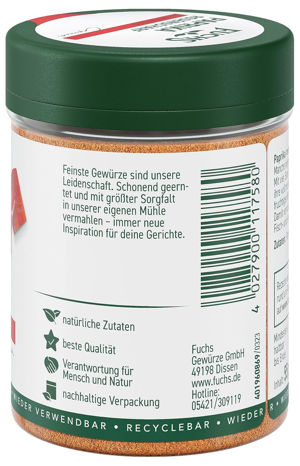 Fuchs Gewürze - Paprika rosenscharf gemahlen - schärfer Geschmack für Gulasch, Eintöpfe oder Gemüsegerichte - natürliche Zutaten - 55 g in wiederverwendbarer, recyclebarer Dose