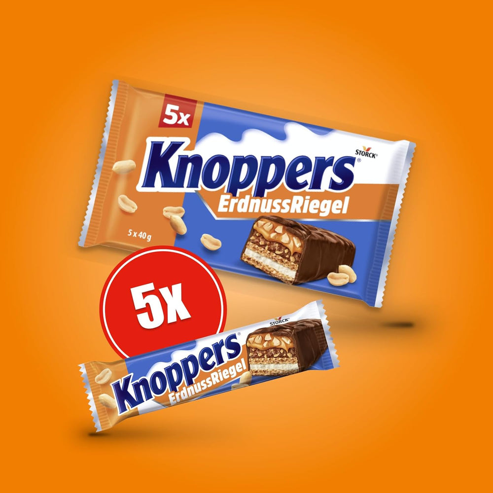 Knoppers Peanut Bar – 1 x 200 g (5 batoane) – Baton de ciocolată cu lapte și cremă de arahide, arahide sărate tocate, caramel și ciocolată cu lapte