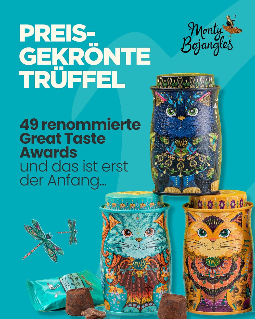 Trufe de ciocolată Monty Bojangles Savanna Gold (135g) pudrate cu cacao, praline, set cadou într-o cutie individuală de colecție cu design de pisică, aromă de scotch Flutter