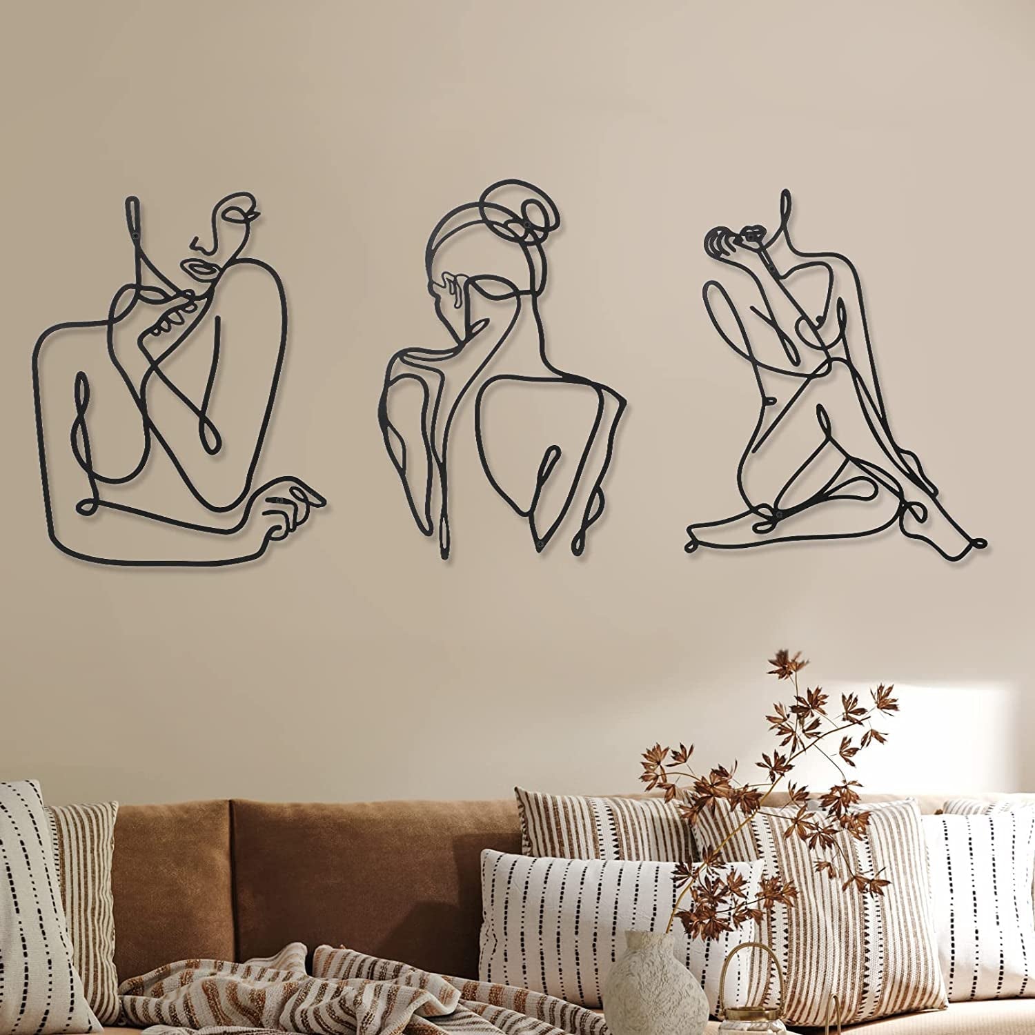 3 bucăți Metal Minimalist Woman Wall Art Deco Modern Metal Abstract Woman Wall Art Female Single Line Line Drawings to Hang for Living Room (negru, modern) Statuete si sculpturi Naty Shop Negru Modern