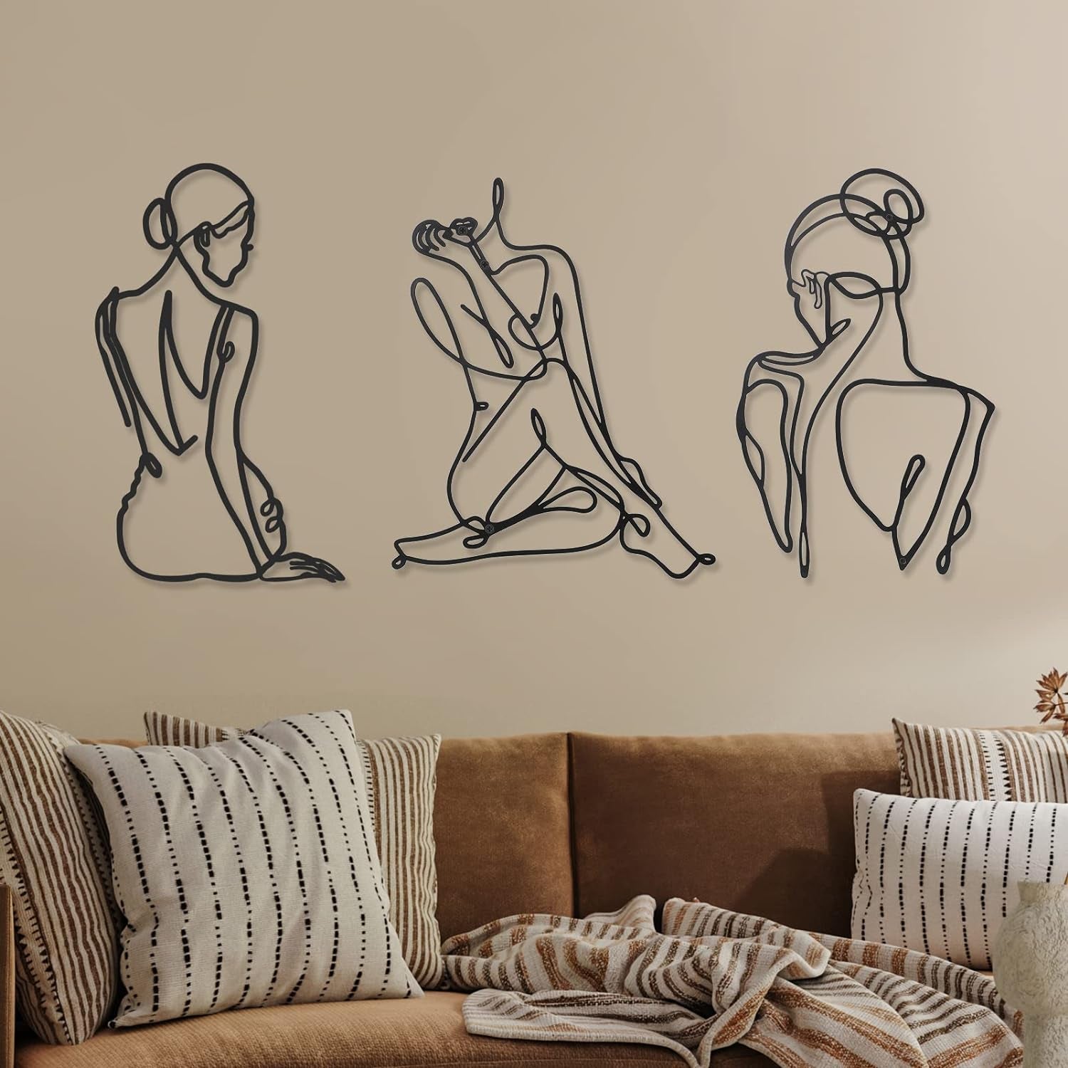 3 bucăți Metal Minimalist Woman Wall Art Deco Modern Metal Abstract Woman Wall Art Female Single Line Line Drawings to Hang for Living Room (negru, modern) Statuete si sculpturi Naty Shop Negru 35L X 29B Cm