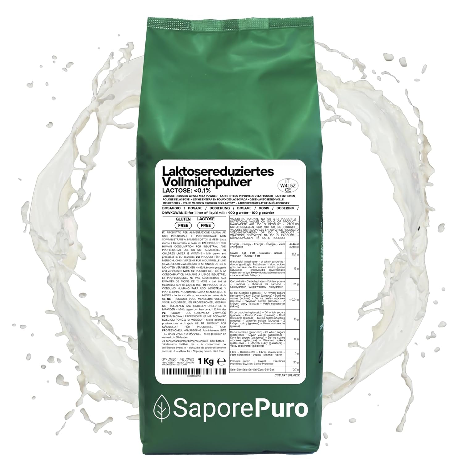 Laktosefreies Vollmilchpulver 1 kg | Hohe Löslichkeit | Ideal für Backwaren, Brot und Speiseeis | Professionelle und industrielle Verwendung | Laktosefrei | Glutenfrei