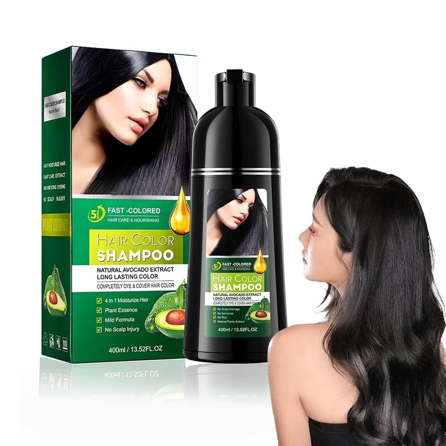 Vopsea de păr maro, șampon pentru vopsit părul - 500ml șampon pentru vopsit părul gri, 100% acoperire gri, ușor și rapid de utilizat, îngrijire perfectă a culorii pentru bărbați și femei Vopsea pentru par Naty Shop Femei Negru