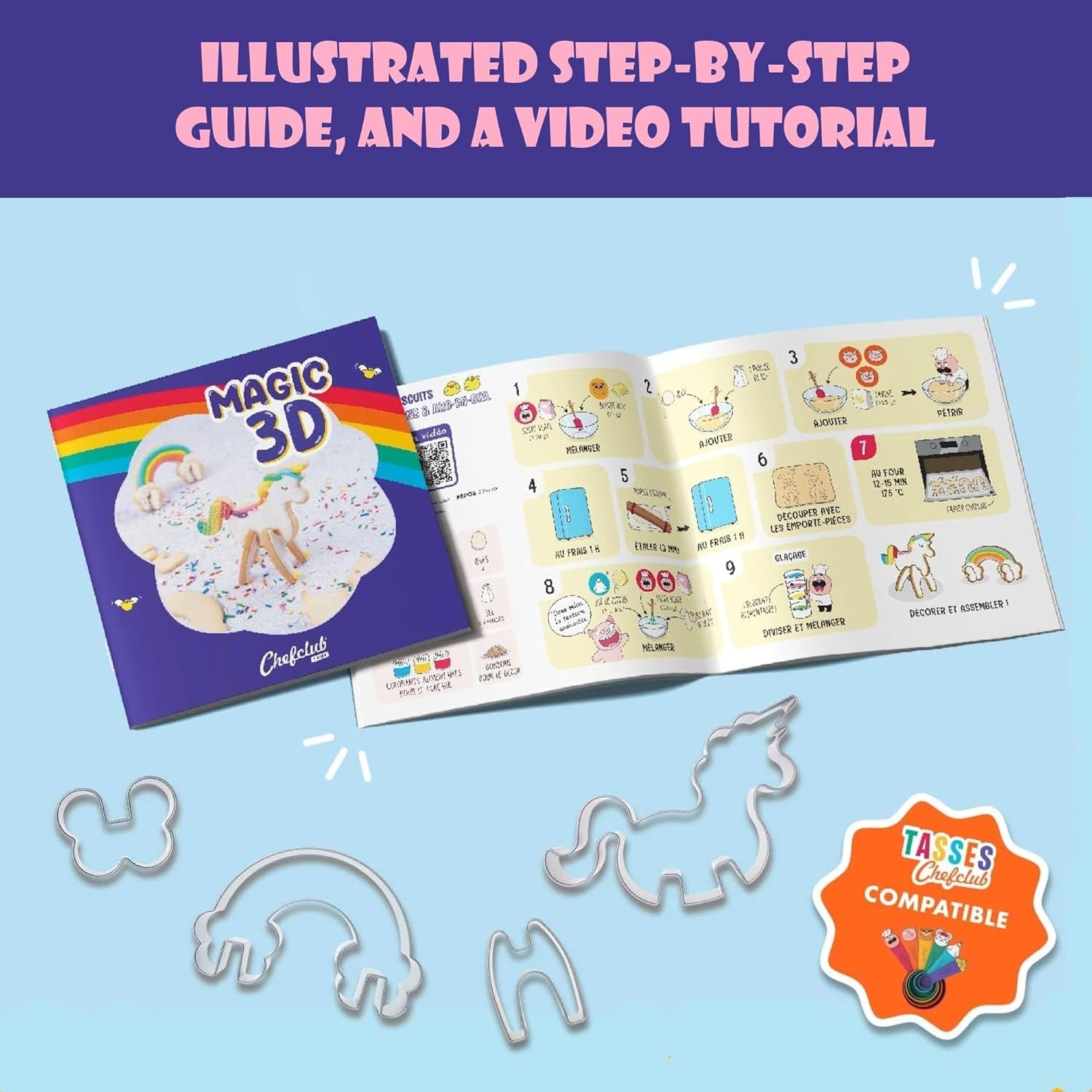 CHEFCLUB, Forme de biscuiți 3D Magice Unicorn și Curcubeu, Forme de biscuiți 3D Interconectate Unicorn și Curcubeu, Distracție de copt pentru copii