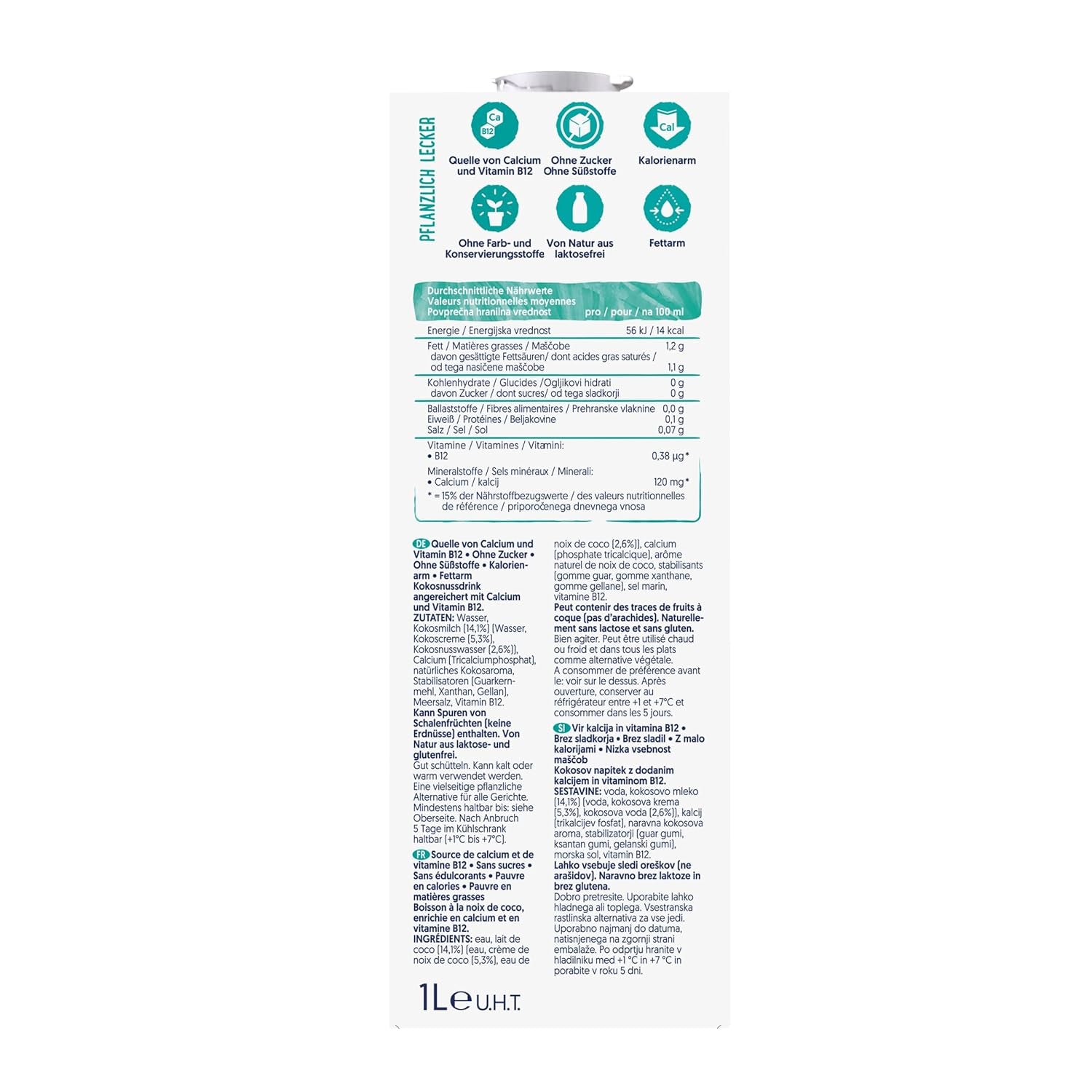 Alpro Kokosnussdrink ohne Zucker – Ohne Süßstoffe – Vegan und milchfrei – Von Natur aus laktosefrei und fettarm – Reich an Calcium und Vitaminen – 8 x 1 L