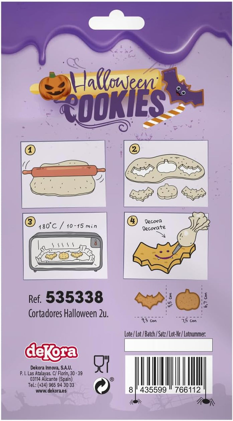dekora – Set de forme de biscuiți de Halloween pentru copii – 2 forme metalice de biscuiți: Dovleac și Liliac – Forme de biscuiți și pâine – Ideale pentru decorațiuni cu dovleci și dulciuri de Halloween între 6 și 9 cm