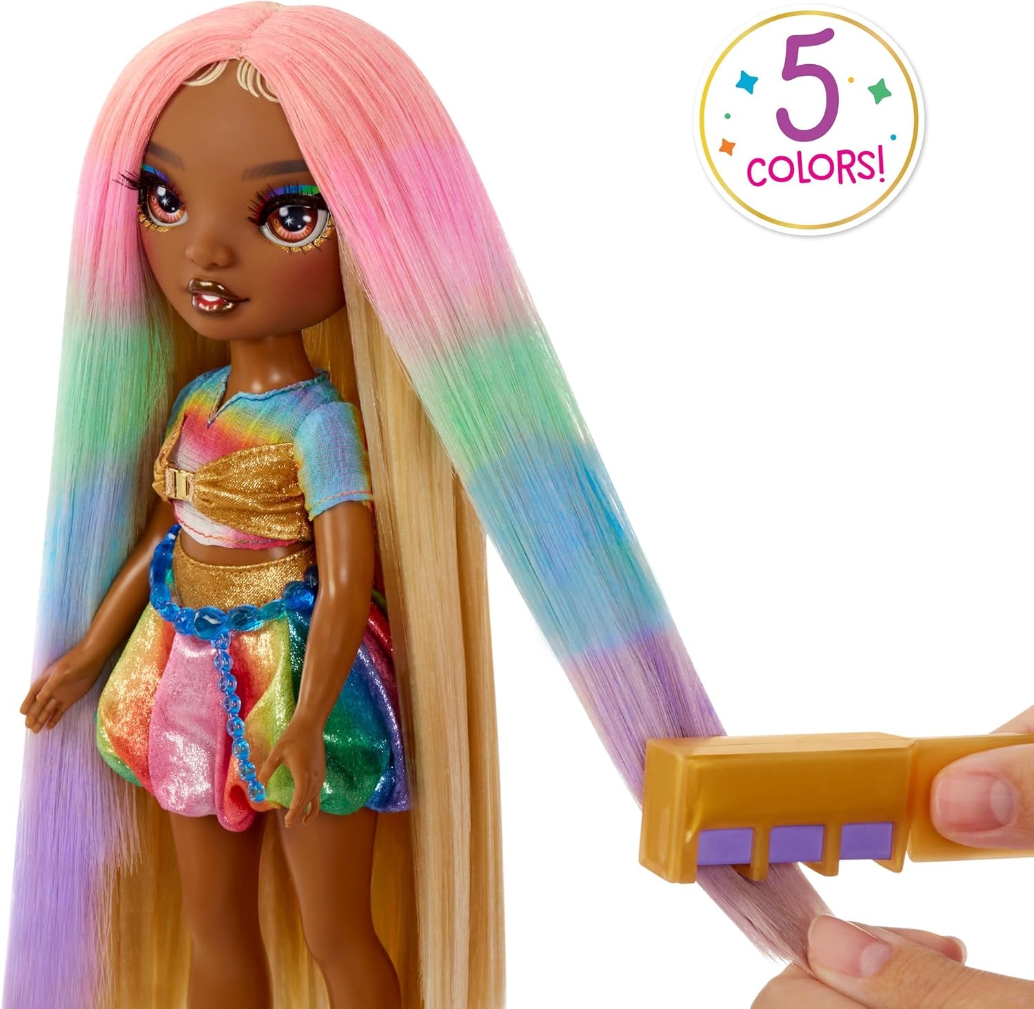 Păpușă Rainbow High Hair Chalk & Styling - Meline - Păpușă de 28 cm în culori curcubeu și auriu, cretă de păr lavabilă, colorare, coafare, joacă, clătire și repetiție, pentru copii cu vârsta cuprinsă între 4 și 12 ani