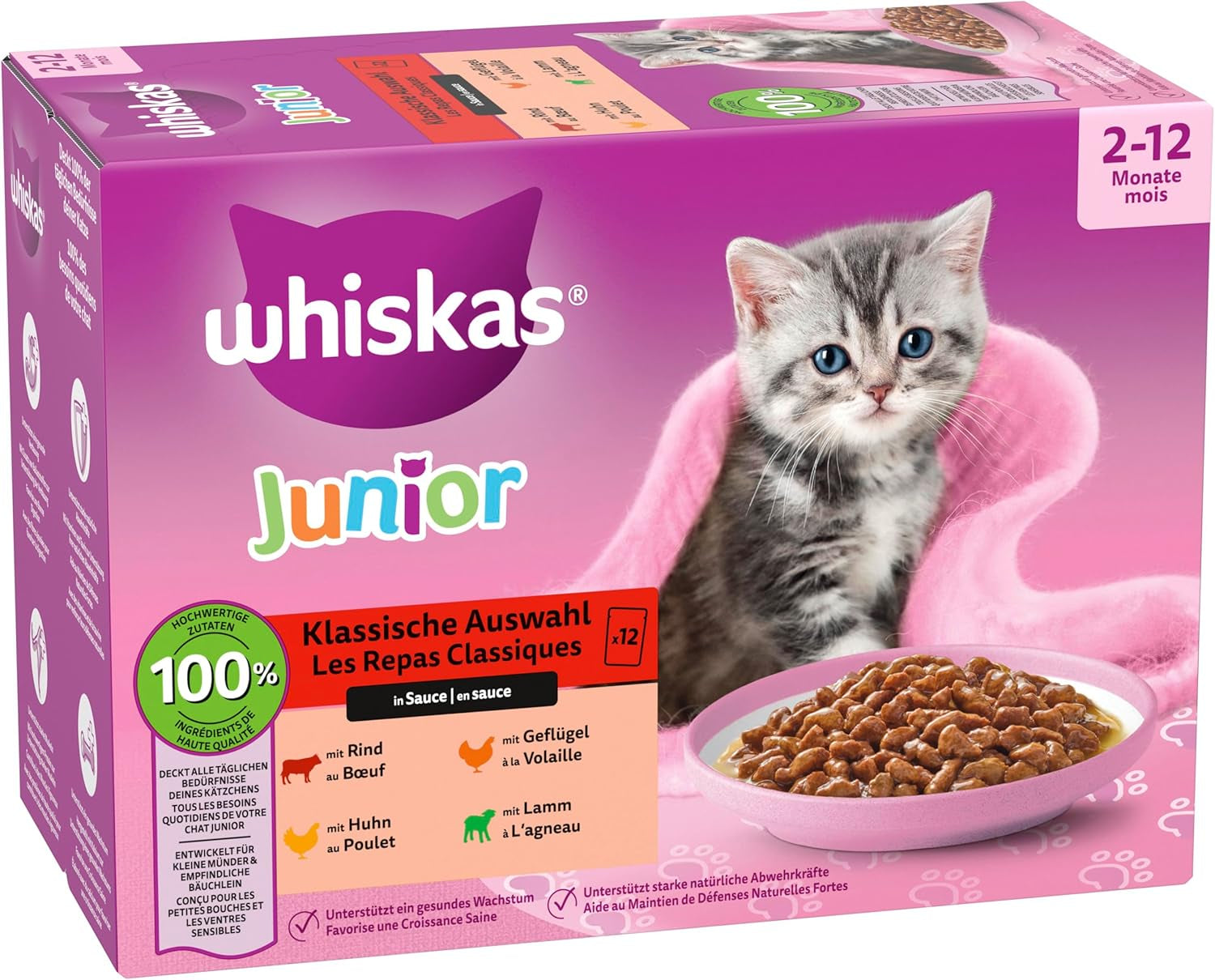 Hrană umedă pentru pisici Whiskas Junior Classic Selection în sos, 48 de pliculețe, 12 x 85 g (pachet de 4) – Hrană umedă de înaltă calitate pentru pisici în creștere, de la 2 la 12 luni