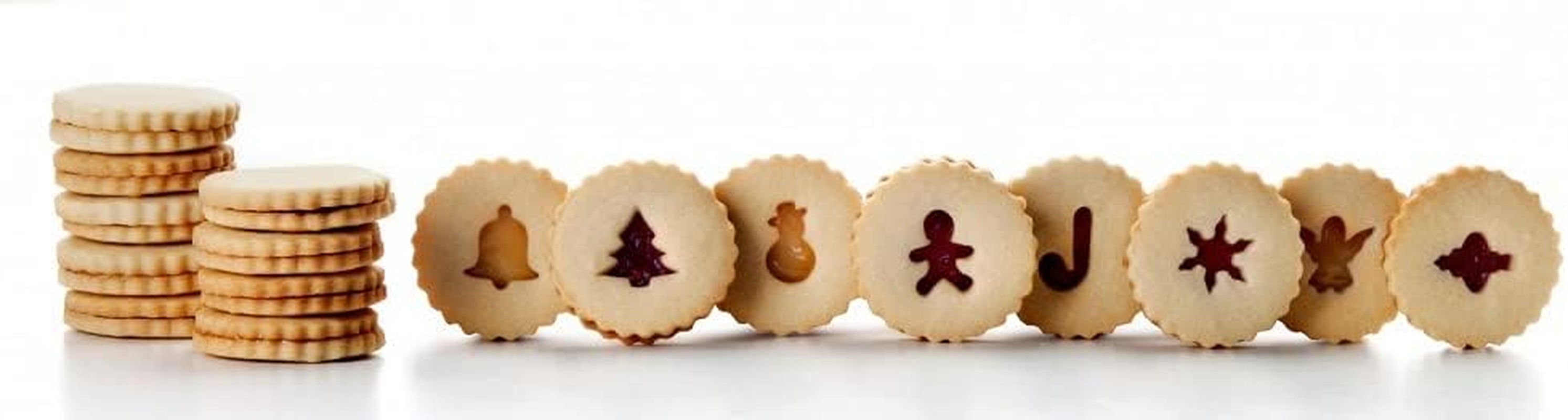 Set de forme pentru biscuiți Linzer, Crăciun, cu 8 forme, oțel inoxidabil, argintiu/transparent/roșu, 13 x 6 x 6 cm, 9 bucăți