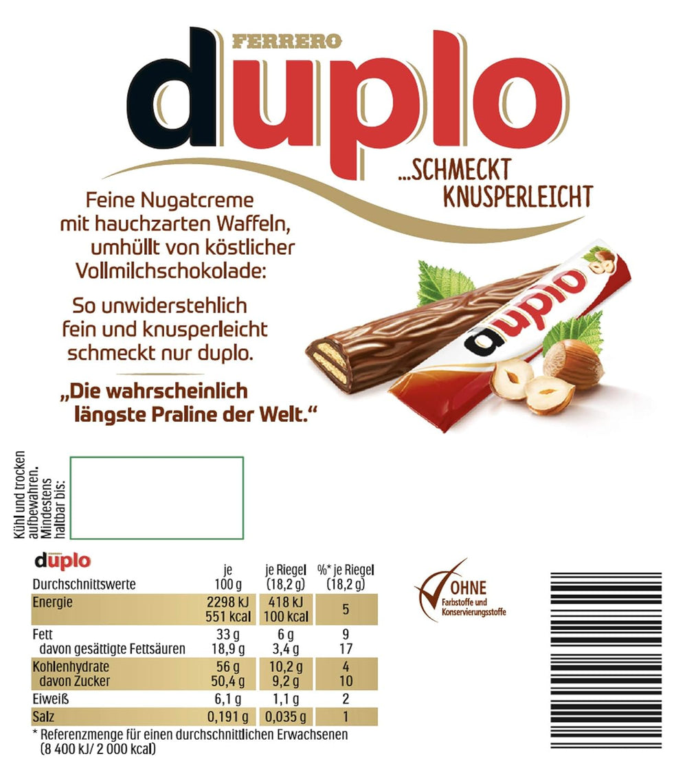 Ferrero duplo Pachet Mare – Batoane de ciocolată cu cremă fină de nuga, napolitană crocantă și ciocolată cu lapte fină – Dulciuri pentru Carnaval și Mardi Gras – 15 pachete a câte 18 batoane ambalate individual fiecare