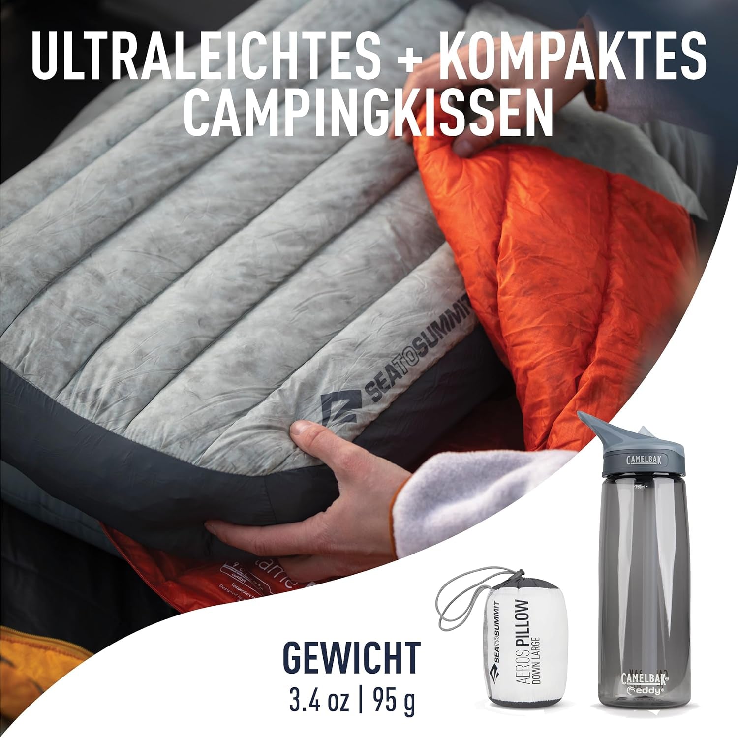 Sea to Summit - Aeros Down Travel Pillow L - Ultralight & Inflabilă - Material 10D - Pernă din puf Premium - Antiderapantă - Pentru drumeții și camping - 42 X 28 X 12 Cm - Gri - 95 G Perne calatorie Naty Shop