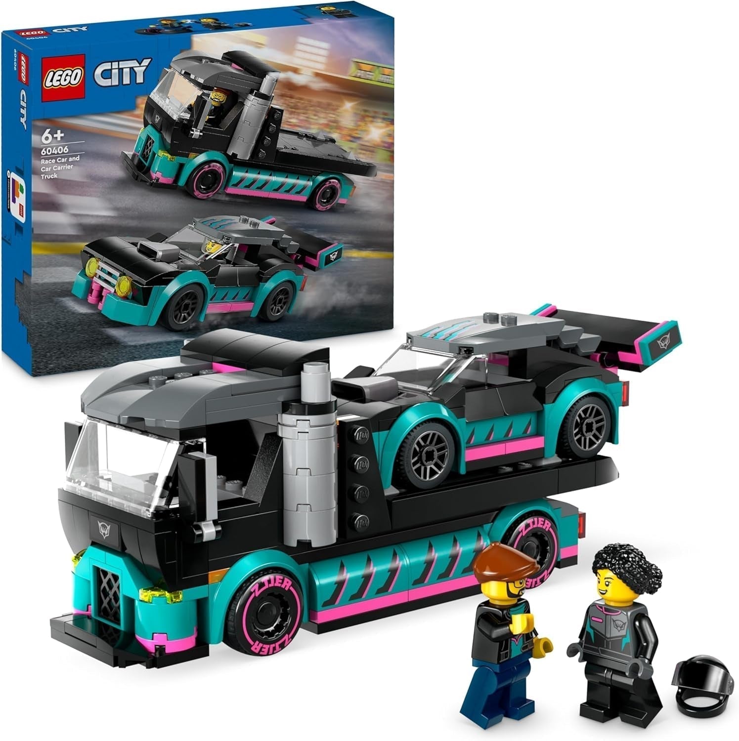LEGO City Car Transporter cu mașină de curse, camion jucărie cu rampă de încărcare reglabilă și mașină de curse, set de construcție cu 2 minifigurine, șofer de curse și șofer de camion, copii de peste 6 ani 60406 Seturi de constructie Besuche den LEGO-Store Singur