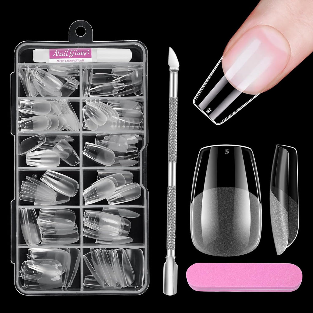 Unghii scurte cu acoperire completă, 120 de bucăți, 12 dimensiuni, vârfuri de unghii scurte pentru unghii cu gel, unghii artificiale pentru lipire, set de unghii cu pile de lipit, lustruitor de unghii, împingător de cuticule