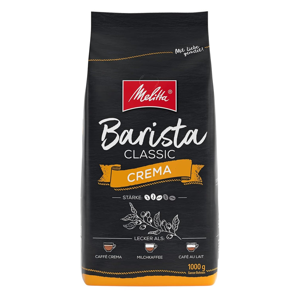 Melitta BellaCrema Speciale Boabe de cafea integrale 1kg, nemăcinate & Barista Classic Crema, Boabe de cafea integrale 1kg, nemăcinate, Boabe de cafea pentru aparate de cafea automate, prăjire medie, tărie 3