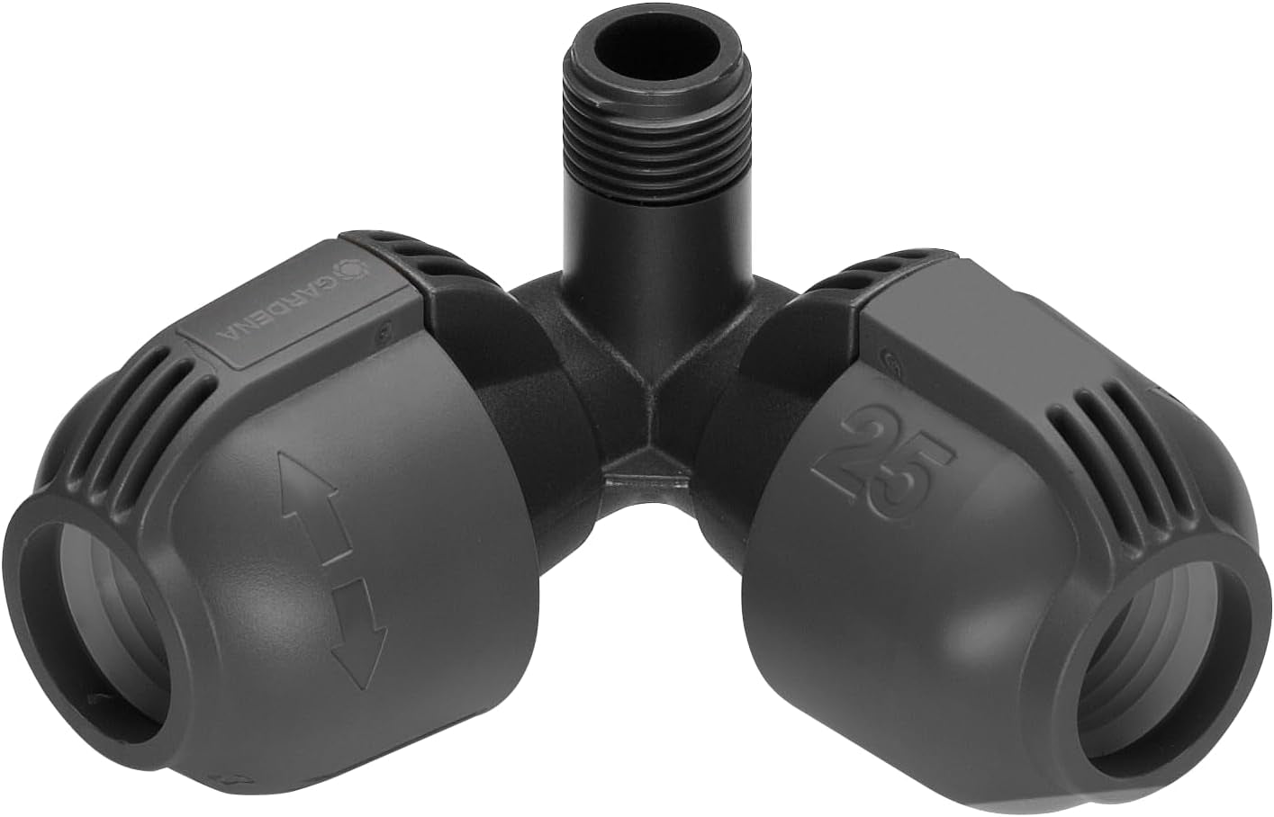 Sistem de irigații Gardena, piesă în L: Conector pentru schimbarea direcției conductei de alimentare, 25 mm, tehnologie de conectare Quick&Easy, compatibil cu conductele de alimentare Gardena de 25 mm, asamblare fără unelte (2773-20)