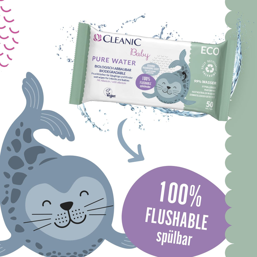 Șervețele umede Cleanic Baby Eco Pure Water – (1 x 50 buc.) Șervețele umede pentru copii și sugari – fără parfum, se pot arunca la toaletă, piele sensibilă – 50 buc.
