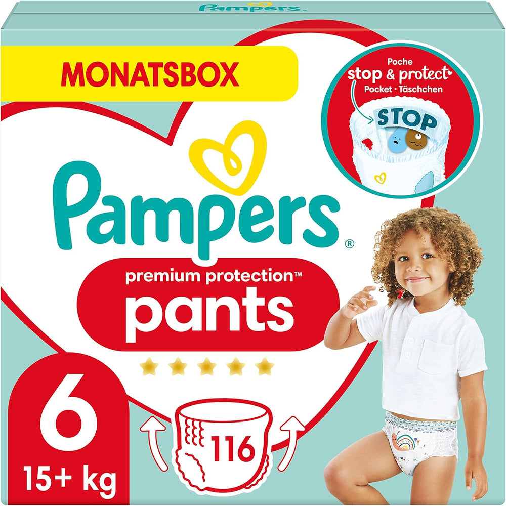 Pampers Premium Protection Pants mărimea 5, 144 scutece, 11 kg - 17 kg, cu ajustare la 360° și manșete moi anti-scurgere pentru confort și protecție optime
