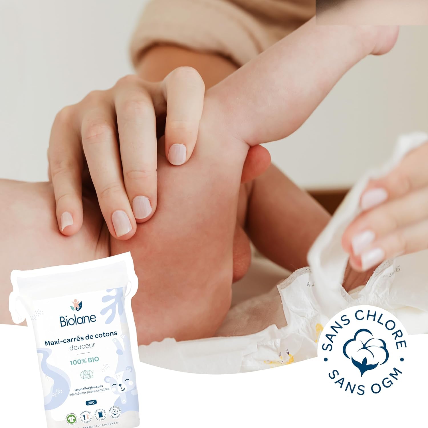 BIOLANE 12 Dischete umede Maxi-Squares – Bebeluși – 100% Organic – 720 Bumbac – pentru piele sensibilă – Schimb și Toaletă – de la naștere – fabricate în Franța