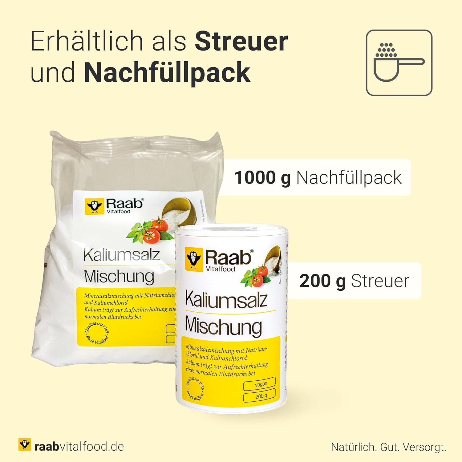 Raab Vitalfood Kaliumsalz-Mischung, Mineralsalzmischung mit 66,7% Natriumchlorid (Kochsalz) und 33% Kaliumchlorid, Kalium trägt zur Aufrechterhaltung eines normalen Blutdrucks bei (1 x 200 g Dose)