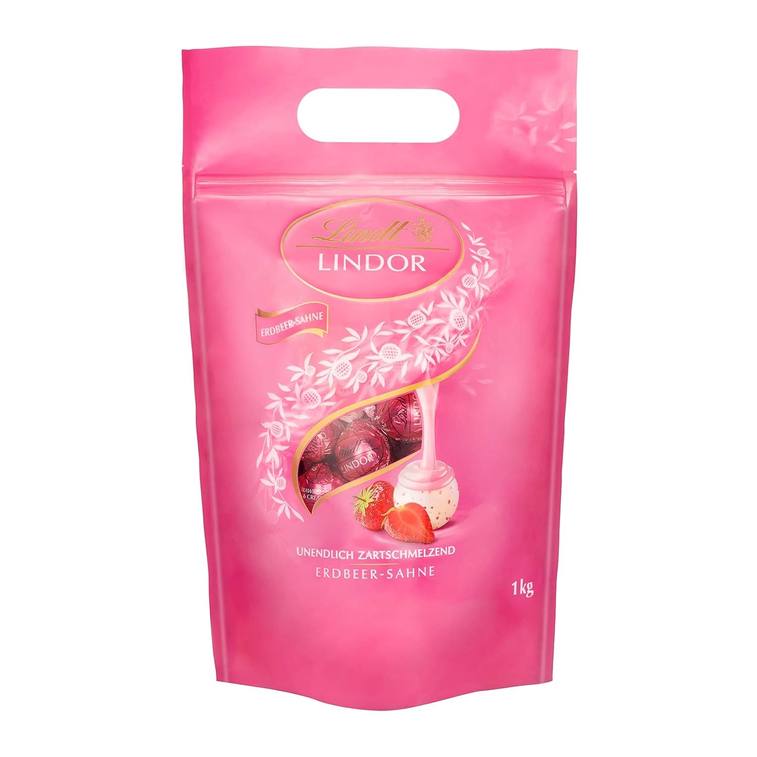 Mix de ciocolată LINDOR | 1371 g | Aprox. 109 bile: Bile de ciocolată cu lapte și LINDOR cu cremă de căpșuni | Pungă de 1 kg, aprox. 80 de bile de ciocolată ciocolată albă cu cremă de căpșuni