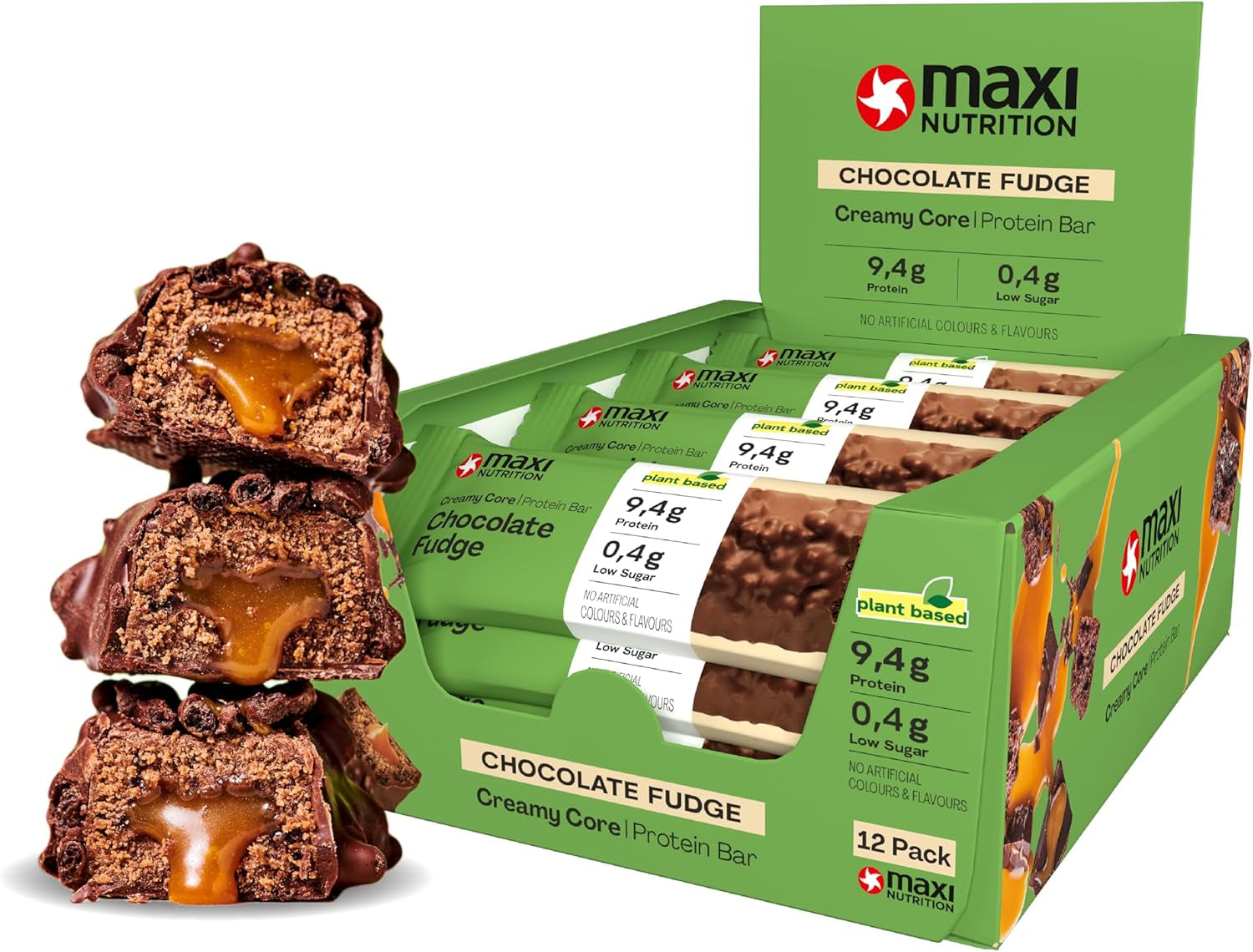 MaxiNutrition Baton proteic vegan cremos cu ciocolată, arahide și caramel 12x45g - baton proteic vegan, 18% proteine, 8,3g per baton, conținut scăzut de zahăr (0,9g), fără zahăr adăugat, fără arome artificiale