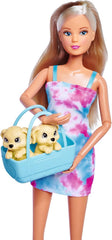 Simba Steffi Love Dog Buggy, Spielpuppe mit dem Hundebuggy und Zwei Hunden in herrausnehmbarer Tragetasche, Hundezubehör, 29cm, ab 3 Jahre