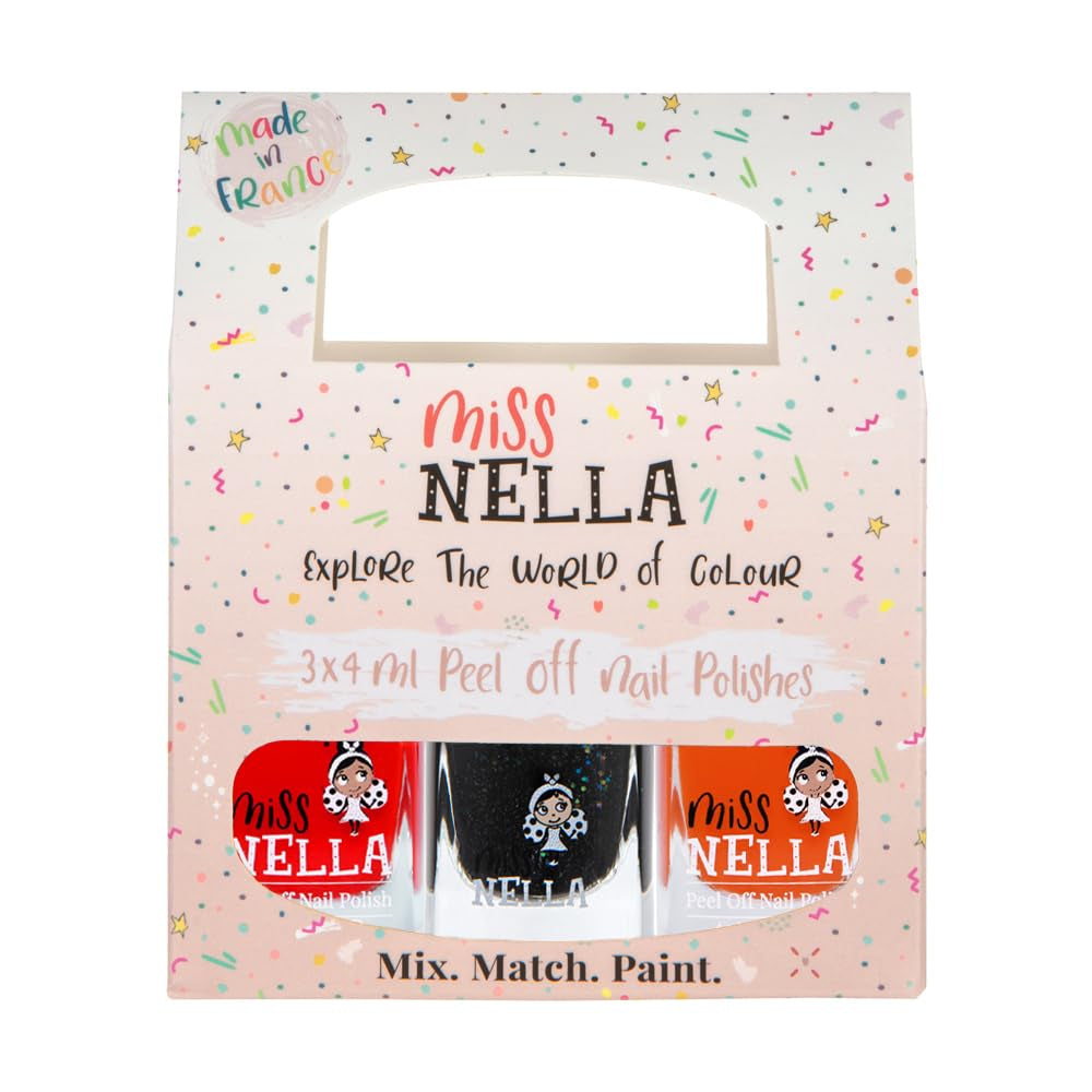 Set de ojă cu sclipici Miss Nella Magic Collection, 4 piese: roz, roșu, auriu și albastru, ojă detașabilă specială pentru copii, non-toxică, pe bază de apă și inodoră