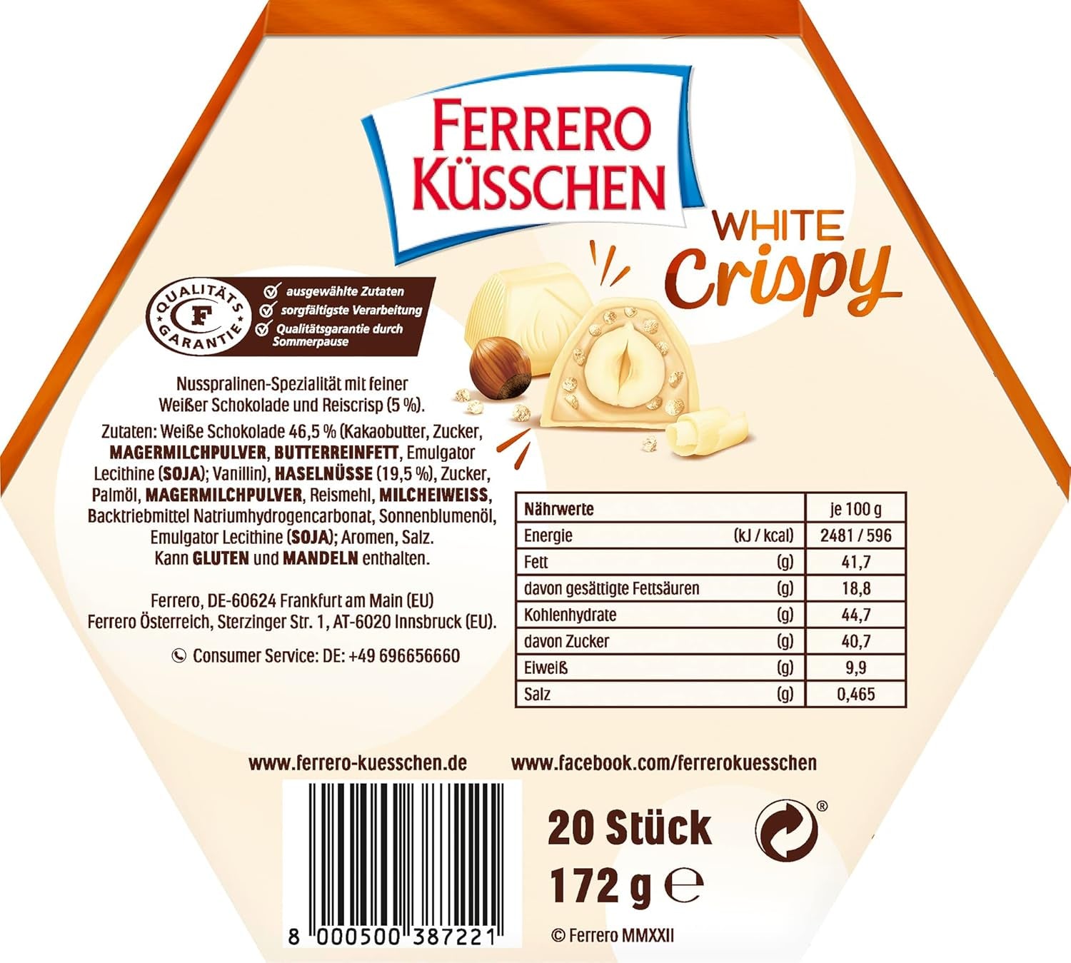 Ferrero Küsschen White Crispy – Cadou de Ziua Îndrăgostiților pentru el și ea – Alune prăjite crocante în cremă ușoară cu chipsuri crocante, acoperite cu ciocolată albă, 1 pachet de 20 de praline individuale