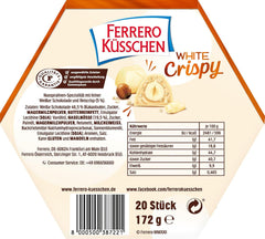 Ferrero Küsschen White Crispy – Cadou de Ziua Îndrăgostiților pentru el și ea – Alune prăjite crocante în cremă ușoară cu chipsuri crocante, acoperite cu ciocolată albă, 1 pachet de 20 de praline individuale