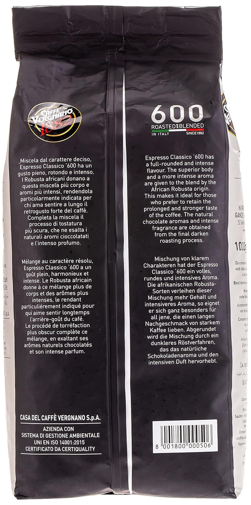 Vergnano Classico 600, Espresso bob întreg, prăjire închisă la culoare, 1000 g