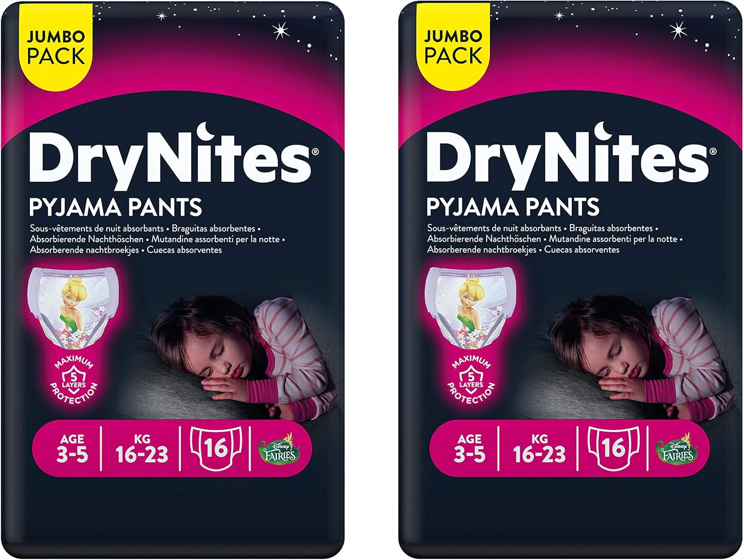 Chiloți de noapte Huggies DryNites, pentru fete, 3-5 ani (16-23 kg), 2 x 16 bucăți