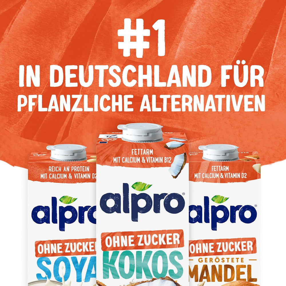 Alpro Kokosnussdrink ohne Zucker – Ohne Süßstoffe – Vegan und milchfrei – Von Natur aus laktosefrei und fettarm – Reich an Calcium und Vitaminen – 8 x 1 L