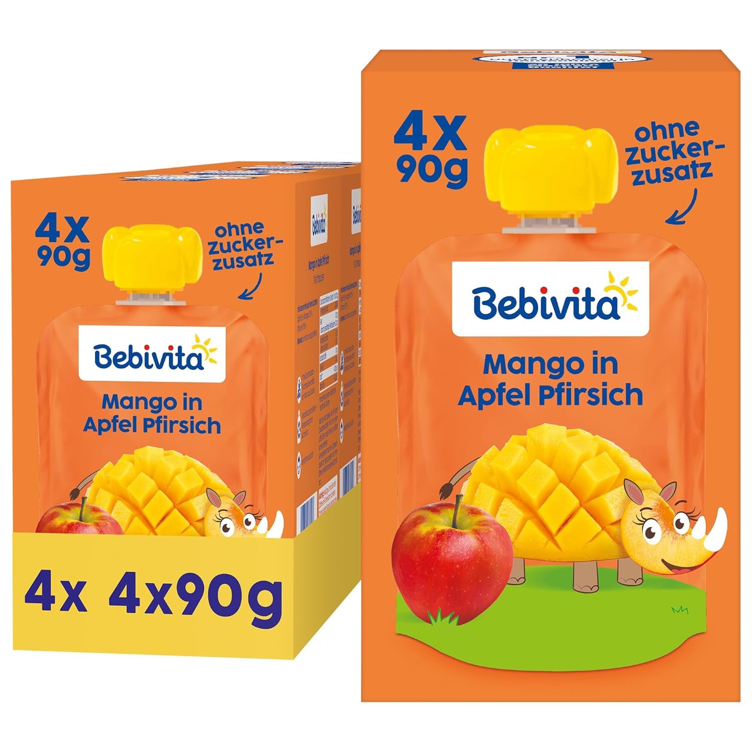 Pliculețe stoarcibile cu mango și măr și piersici – 16 bucăți (pachet de 4, 4 x 90 g fiecare), fără zahăr adăugat, fără gluten, ideale pentru gustări la pachet și pentru luate în mod independent