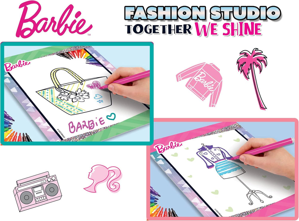 Lisciani - BARBIE - Skizzenbuch Set Wir Glänzen - Modestudio - Models zum Anziehen - Kreatives Spiel - Supermodische Kleidung - Farbmarker - Für Mädchen ab 4 Jahren