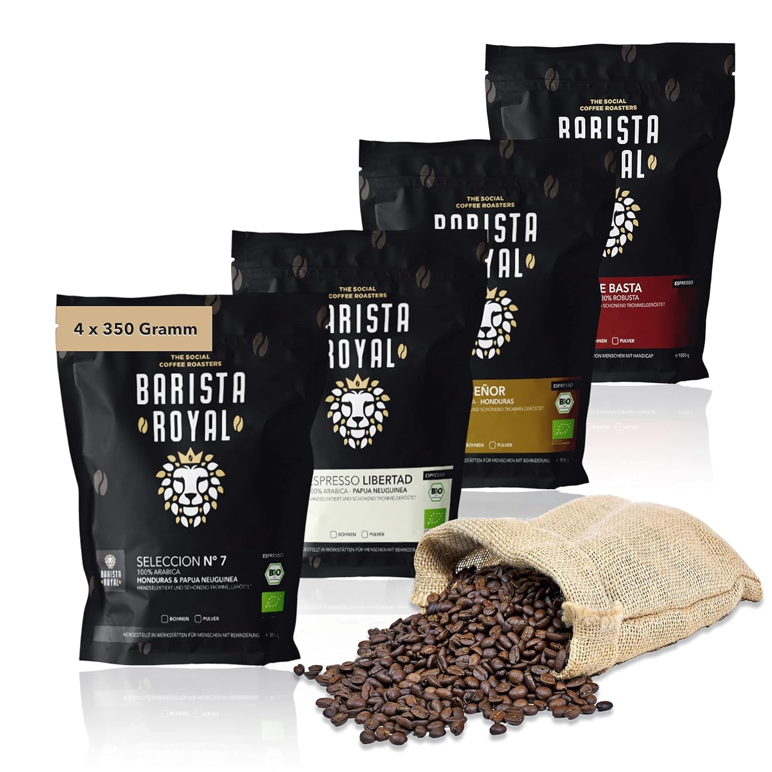 Set de mostre boabe de espresso 4 x 350g boabe de espresso | Pachet Discovery/Pachet de mostre | Robusta și Arabica | Ideal pentru aparate complet automate și portafiltru | BARISTA ROYAL