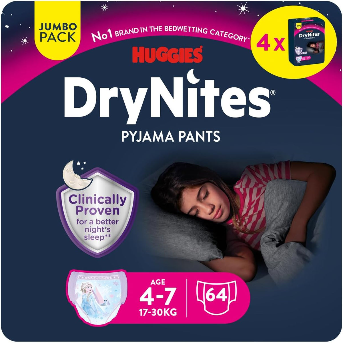 Scutece Huggies DryNites foarte absorbante pentru noapte, pentru fete 4-7 ani, 4 x 16 scutece-chiloți (64 bucăți), pachet lunar