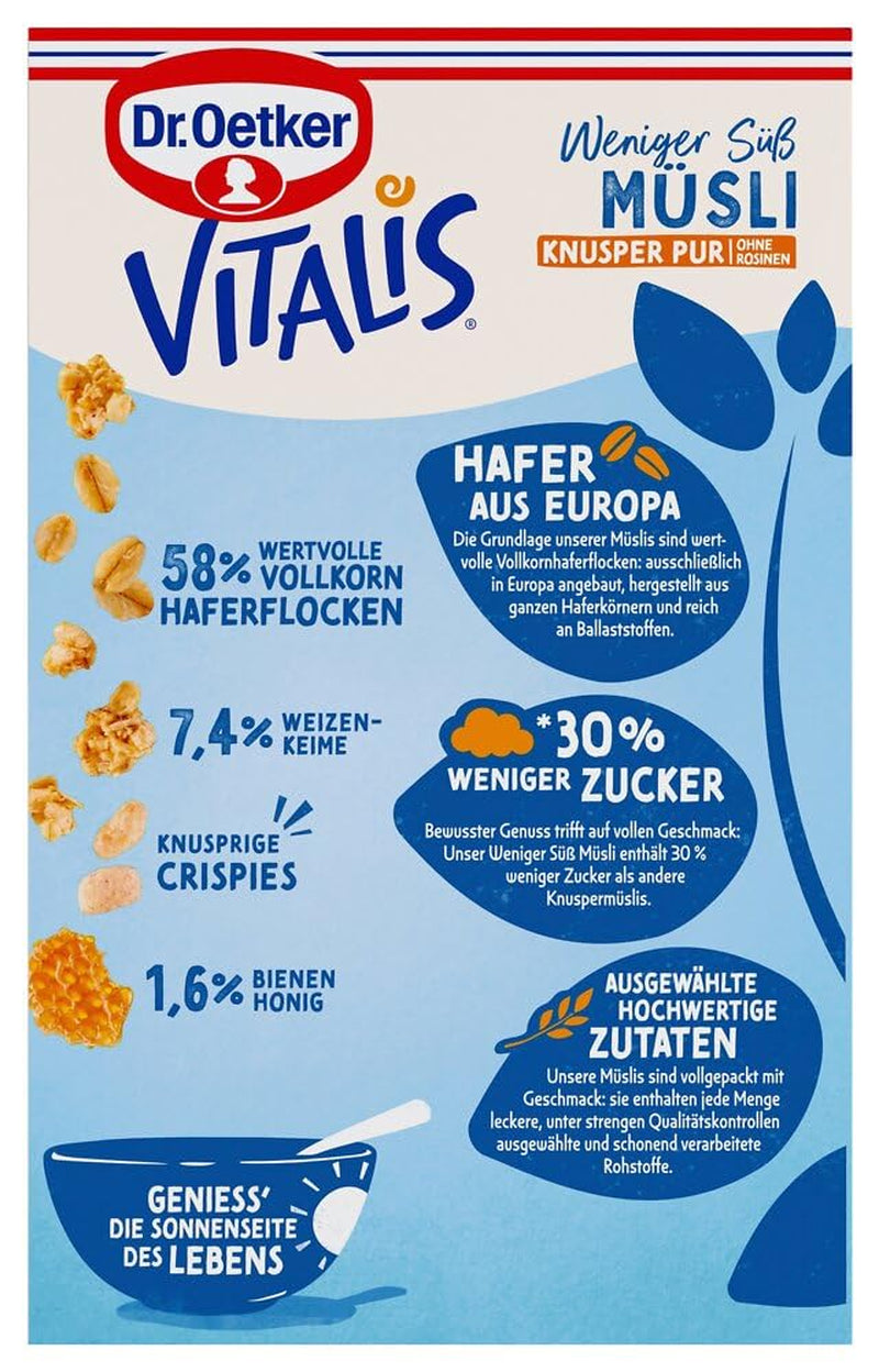 Dr. Oetker Vitalis Less Sweet Crunchy Pure: Musli crocant cu 30% mai puțin zahăr, pachet de 5 (5 x 600g)