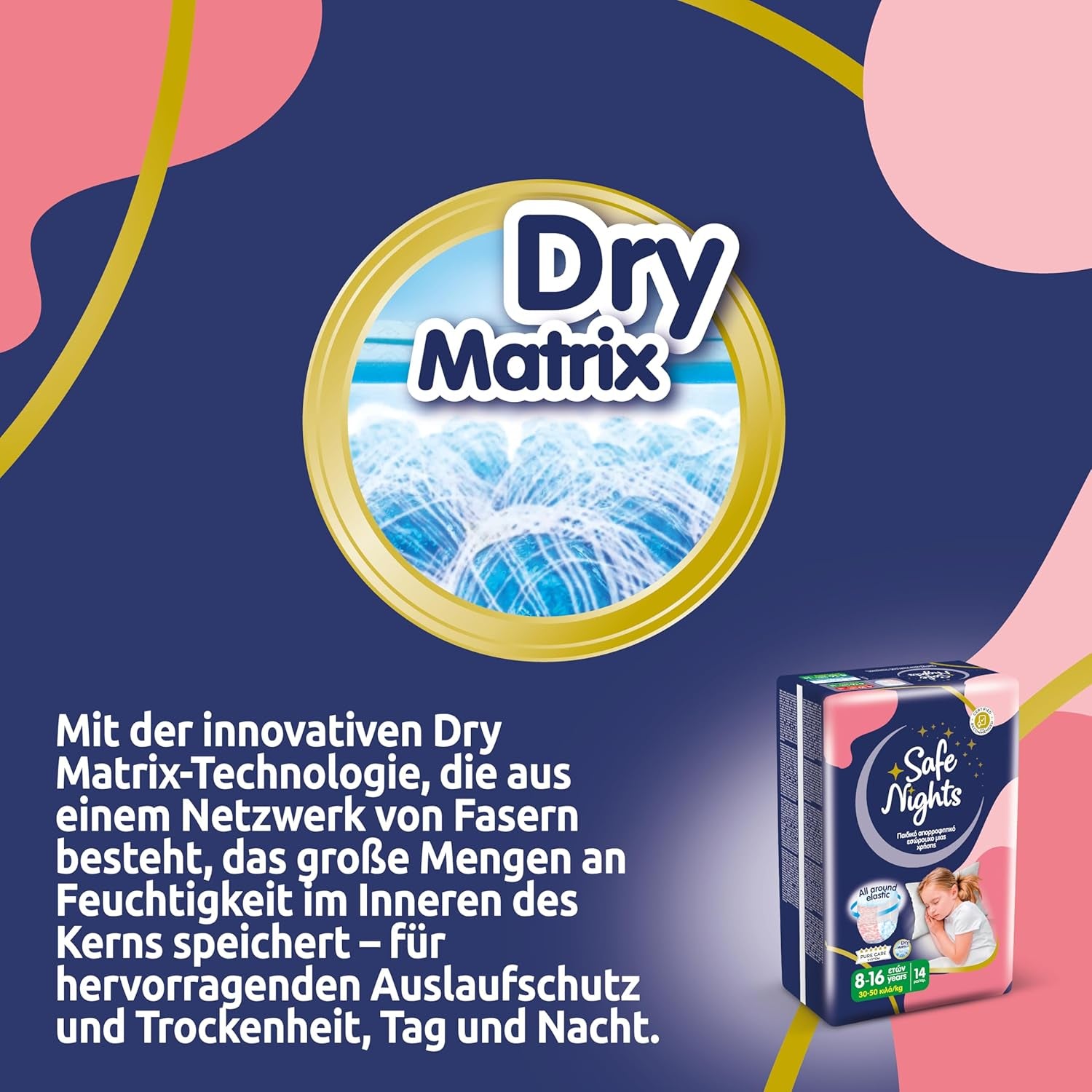 Safe Nights Girl, chiloți absorbanți de noapte pentru fete cu vârsta cuprinsă între 8 și 16 ani (30-50 kg), 14 bucăți