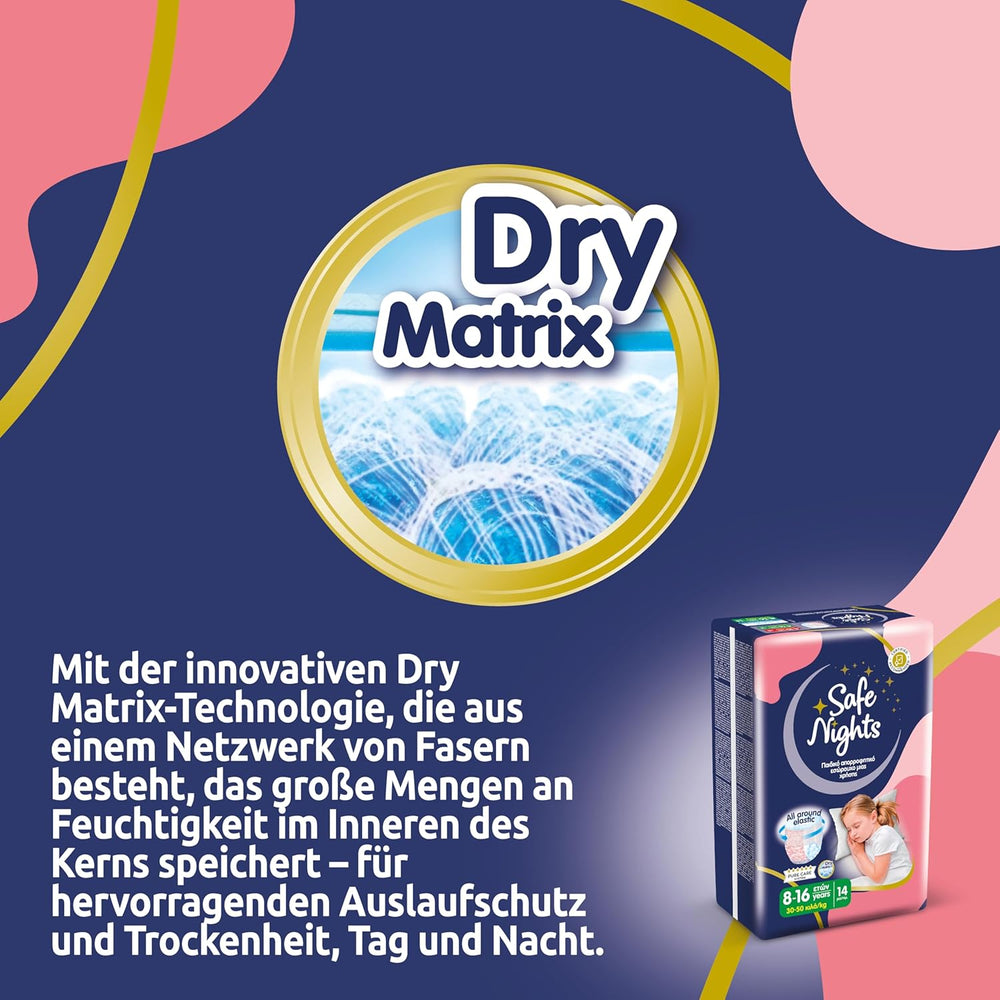 Safe Nights Girl, chiloți absorbanți de noapte pentru fete cu vârsta cuprinsă între 8 și 16 ani (30-50 kg), 14 bucăți